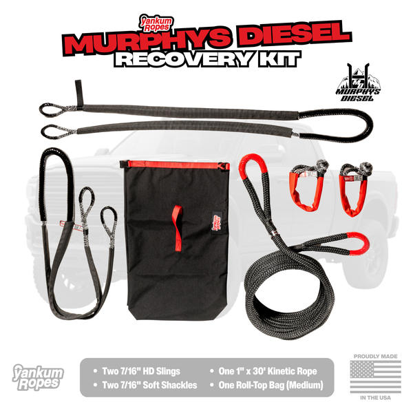 Murphys Diesel Recovery Kit with rope, slings, soft shackles, and roll-top bag