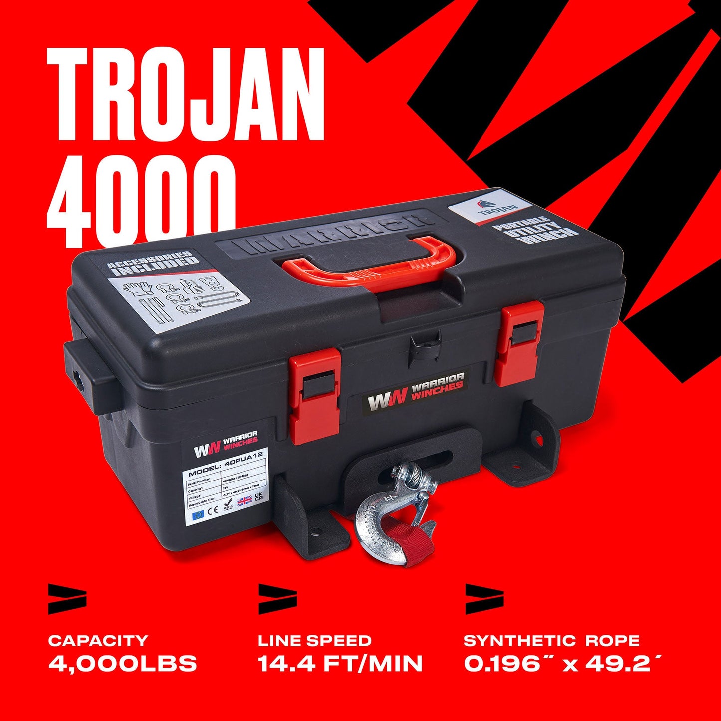 Trojan 4,000lb 12v Portable Utility Winch - Synthetic Rope